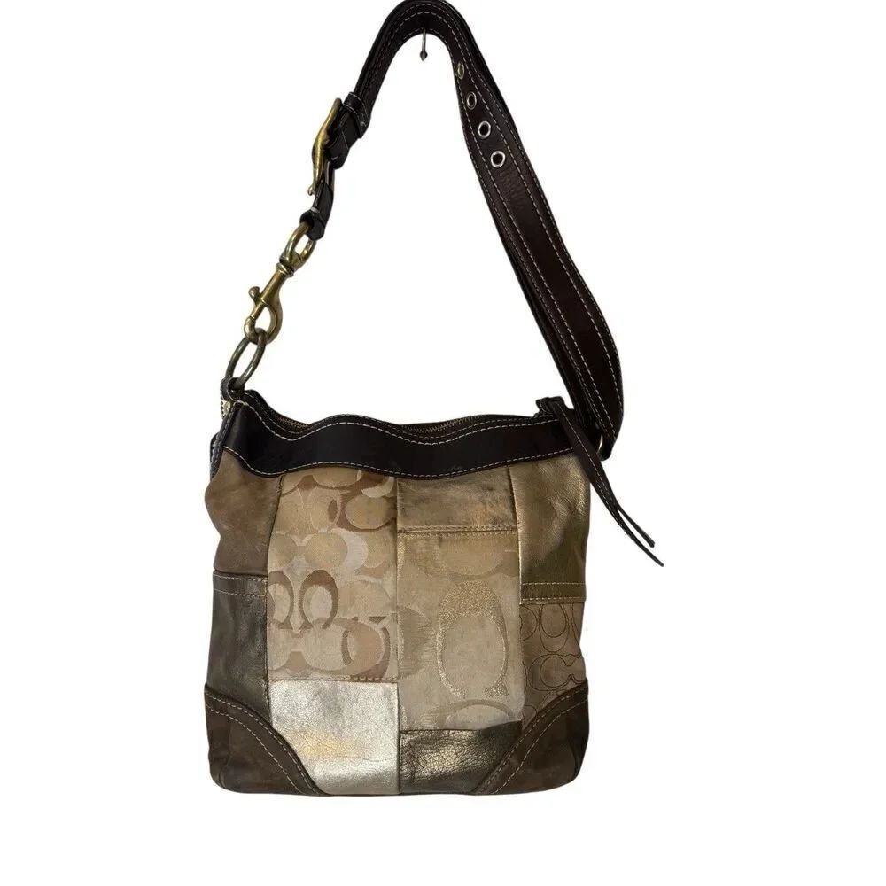 Coach Vintage Brown Gold  Leather Patchwork Shoulder Crossbody bag Y2K Retro